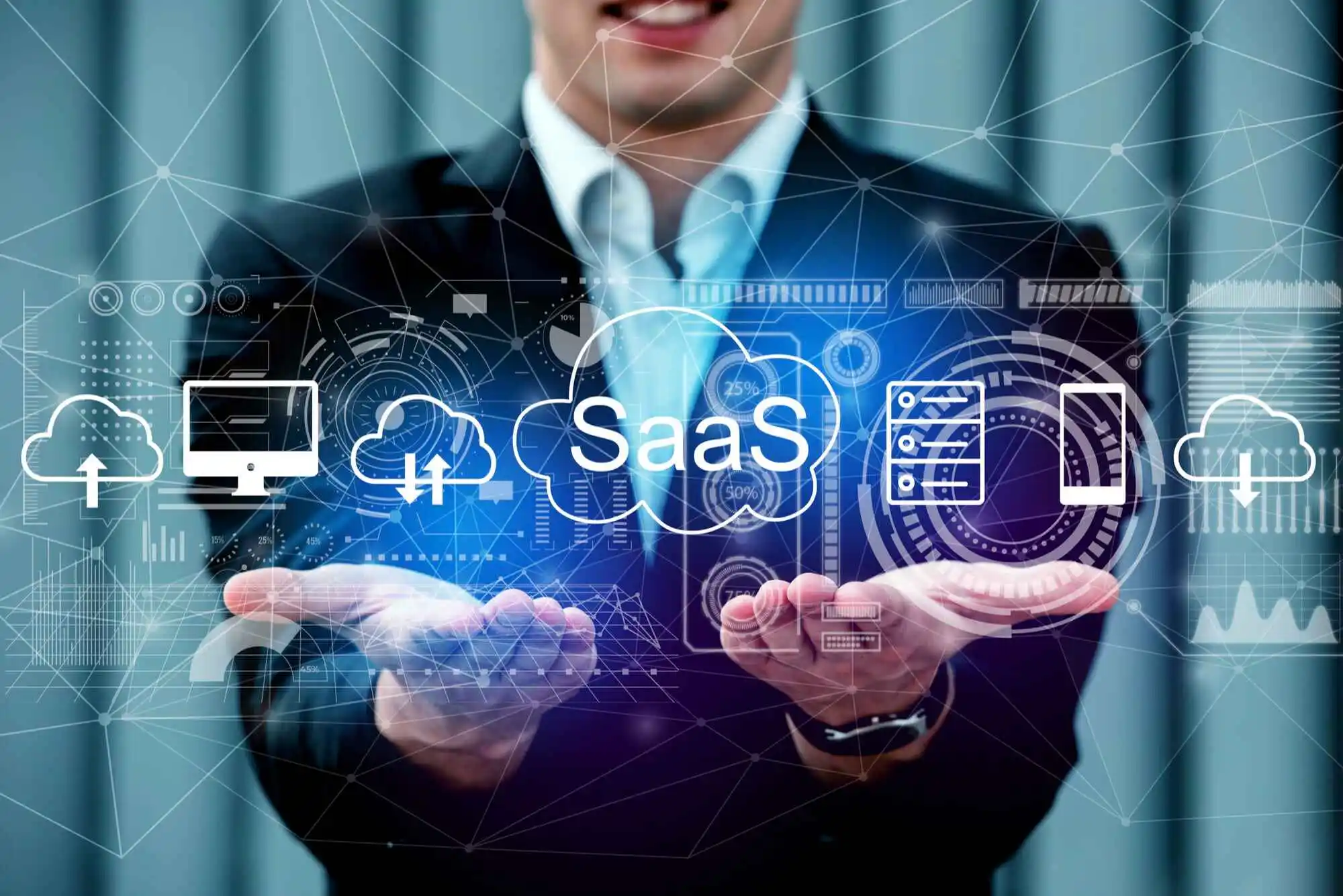 Business professional presenting SaaS cloud technology and custom SaaS application development solutions.